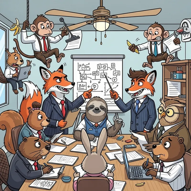 Colorful Animal Characters in Comical Business Meeting