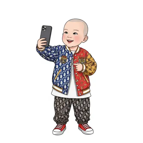 Joyful Chinese Little Boy Selfie in Designer Attire