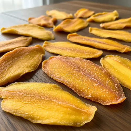 Golden-Orange Dried Mango Slices | Rustic Wooden Table Display