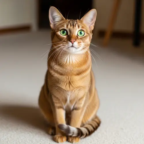Realistic Domestic Cat Image | Green-Eyed Feline on Beige Carpet