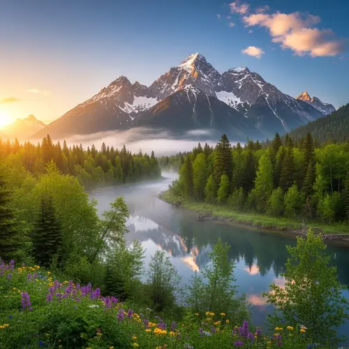Tranquil Mountain Landscape: River, Forest, Plant Life