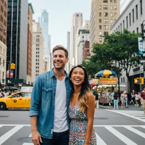 Casual Man with Youthful Asian Woman in Vibrant City