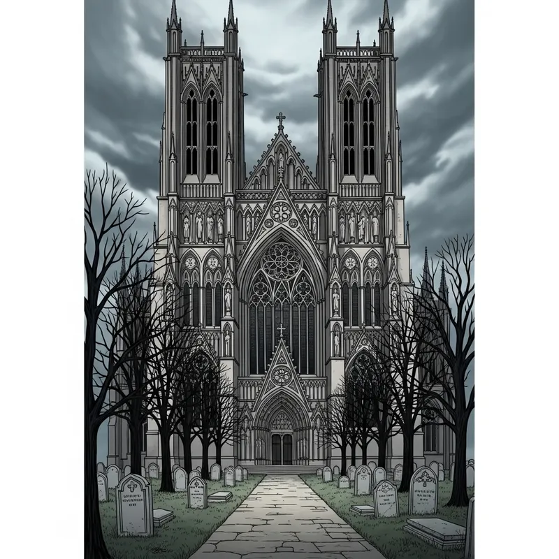 Gothic Theme: Eerie Cathedral Illustration in Monochrome Shades