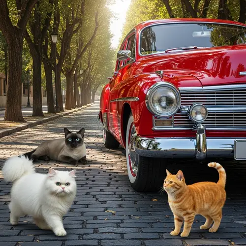 Enchanting Scene: Three Cats & a Vintage Car