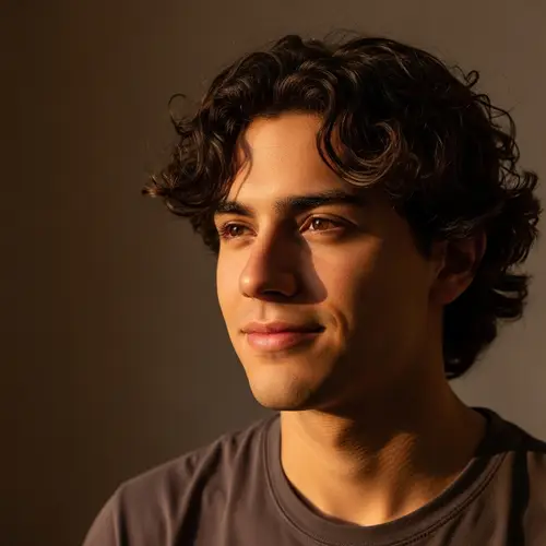 Young Hispanic Man with Curly Dark Brown Hair and Brown Eyes