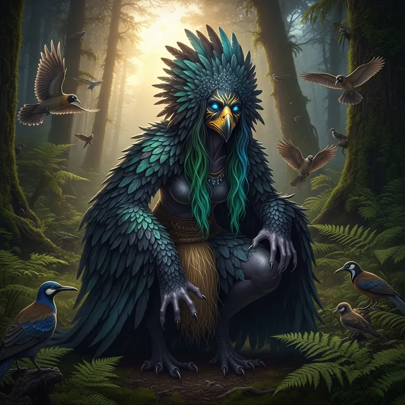 Ethereal Bird-Witch with Opal Eyes in New Zealand Fern Forest