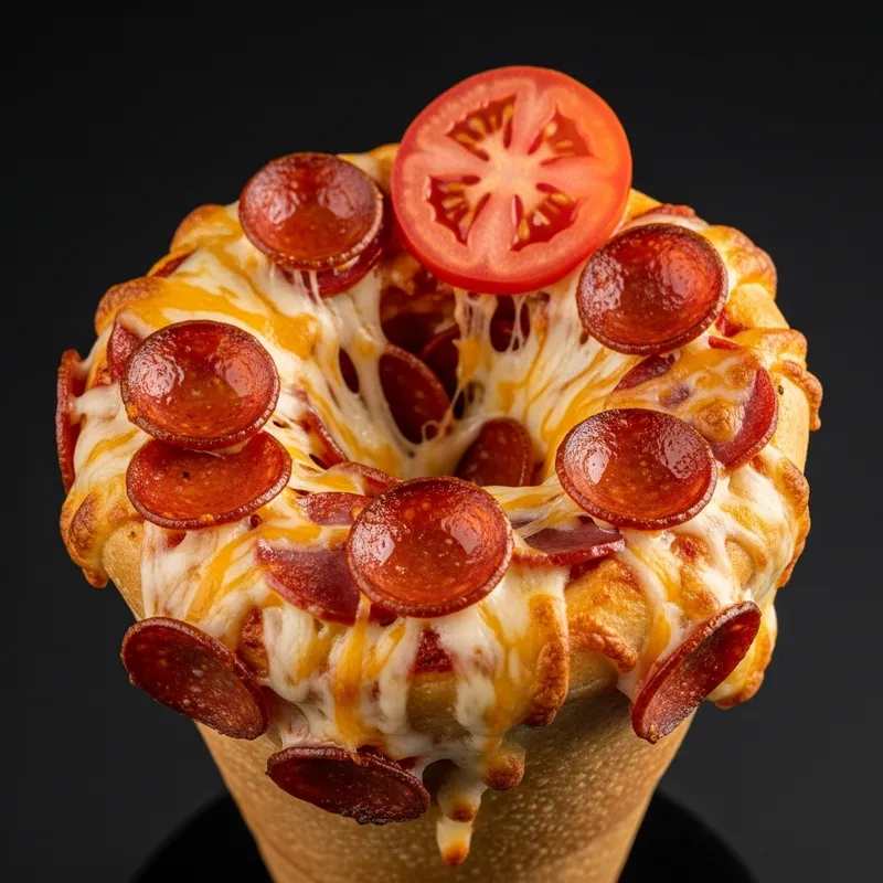 Cheesy Cone-Shaped Pizza with Pepperoni and Tomato Slice