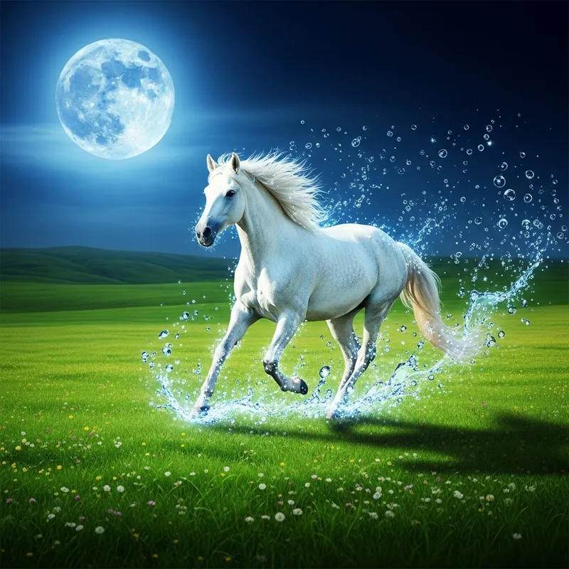 White Wild Horse Running Under Blue Moonlight White Wild Horse Running Under Blue Moonlight