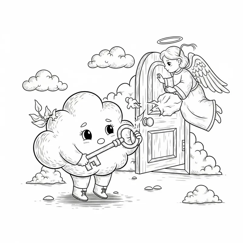 Whimsical Cloud Coloring Page with Key and Angelic Connection Whimsical Cloud Coloring Page with Key and Angelic Connection