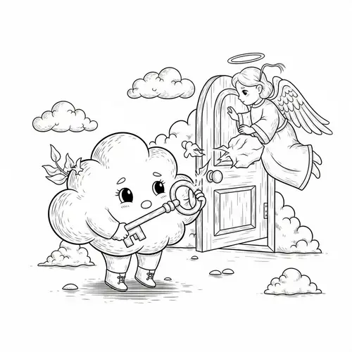 Enchanting Cloud Coloring Page with Key to Secret Door and Angelic Cloud