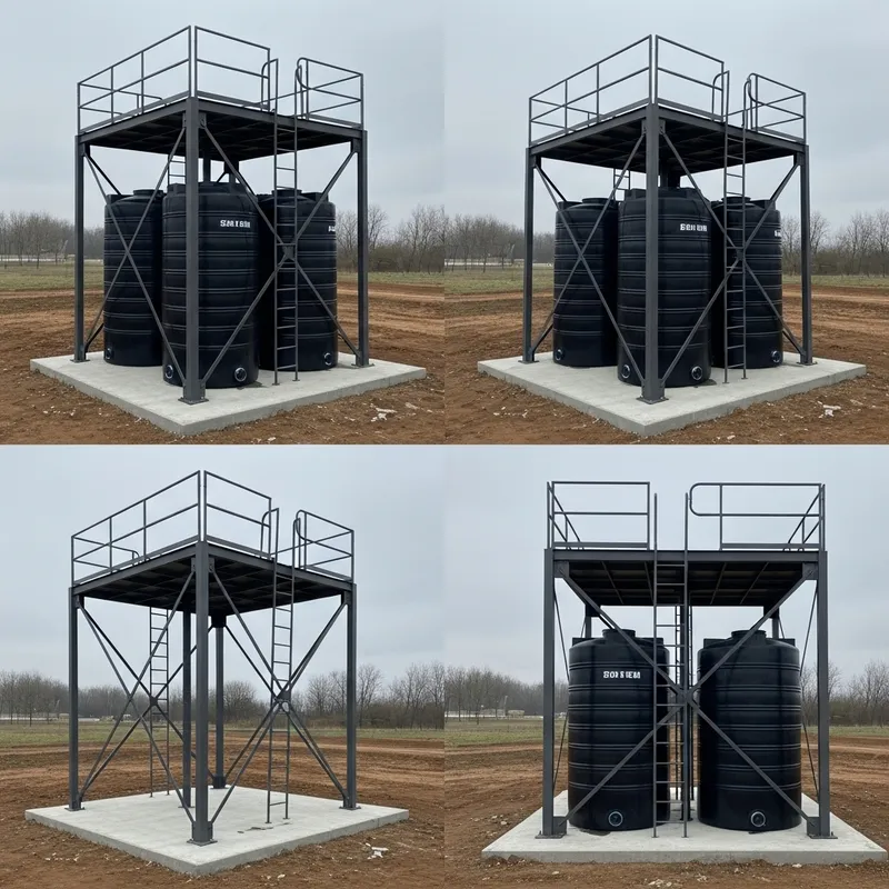 Steel Structure Design for Supporting Three Water Tanks | Top & Side Views