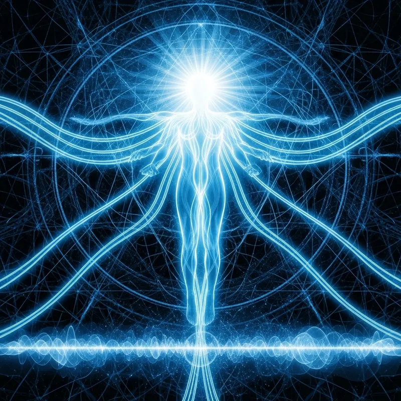 Ethereal Human Figure with Blue Energy Lines | Sacred Geometry Art
