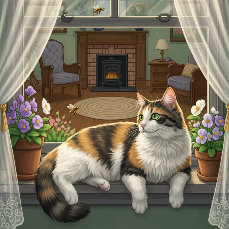 Calico Cat Lounging on Sun-Bathed Windowsill | Vintage Room Decor