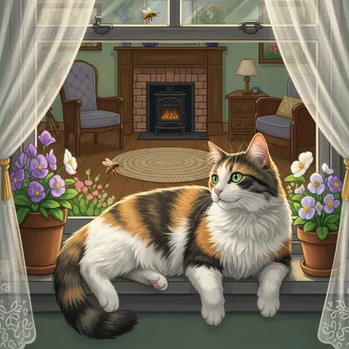 Calico Cat Lounging on Sun-Bathed Windowsill | Vintage Room Decor