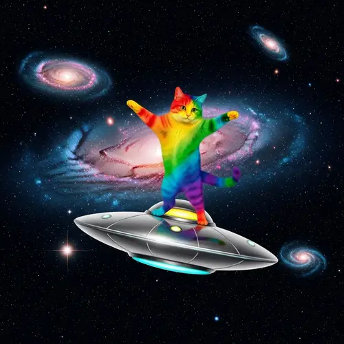 Rainbow-Colored Cat Dancing on Flying Saucer in Outer Space