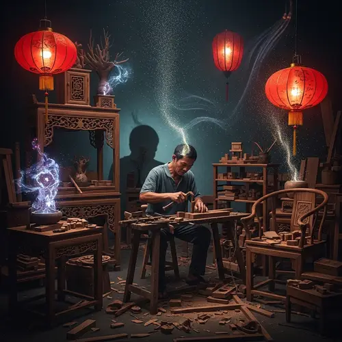 Chinese Carpenter Woodworking Mystical Scene