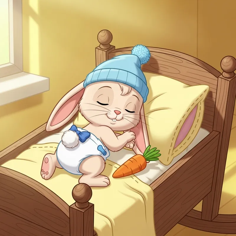 Adorable Baby Bunny in Diapers Sleeping in Cradle, 1 Month Old