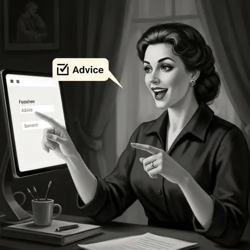 Vintage Black & White Digital Painting of Russian Woman Giving Advice Online