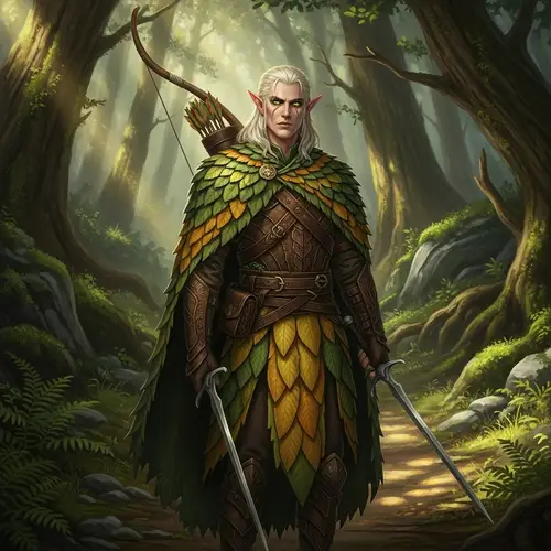 Forest Elf Ranger with Bow and Swords in Enchanted Forest