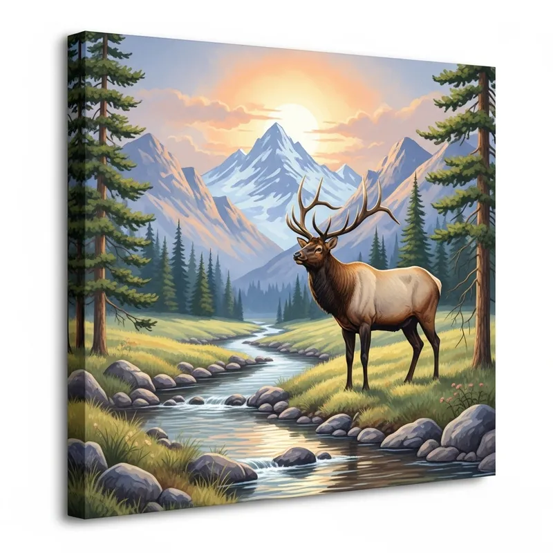 Powerful Bull Elk in Mountain Landscape with Stream and Pine Trees
