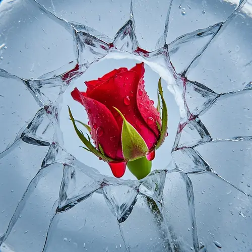 Mesmerizing Red Rose Emerging from Fractured Ice Cube