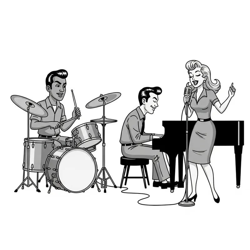 1930s Style Cartoon Rockabilly Band Performing Live in Nostalgic Monochrome Scene