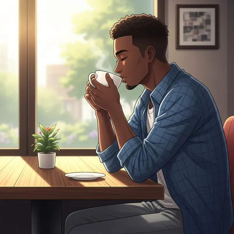 Black Man Enjoying Coffee in Cozy Anime-Style Café