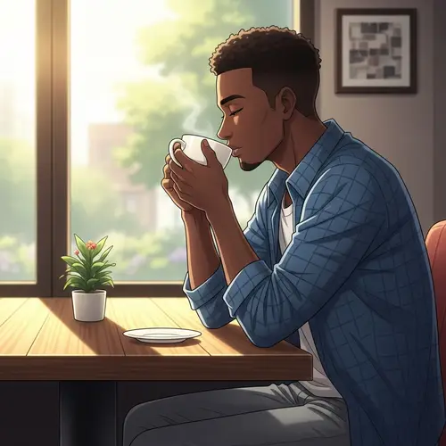 Anime-Style Black Man Enjoying Coffee in Cozy Café