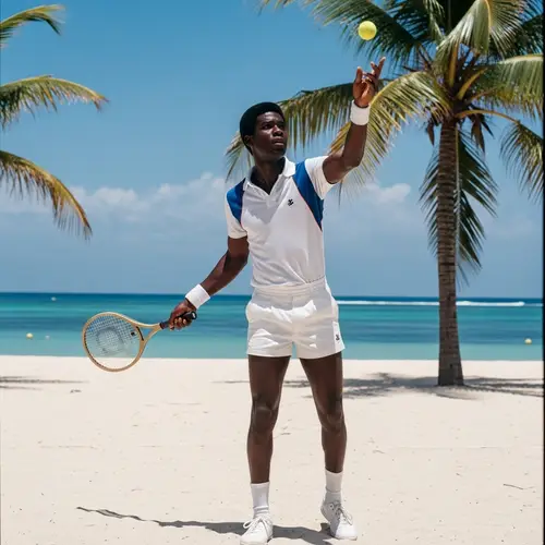 Tennis Player in Haiti 1980: Serving on Beach