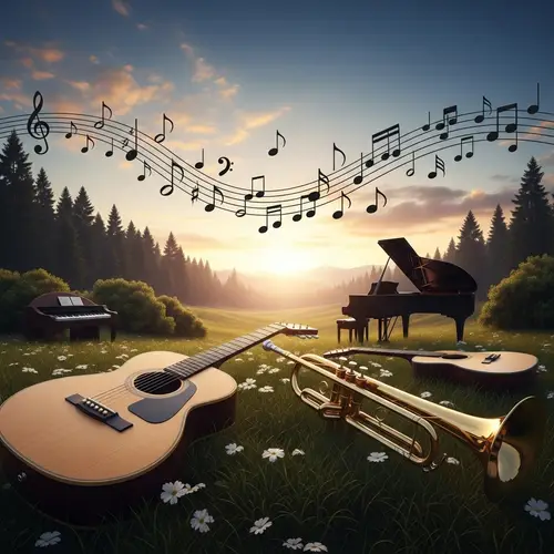 Tranquil Music Harmony: Artistic Landscape with Musical Instruments