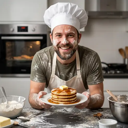 Chef in Apron with Fresh Pancakes | Cooking Fun
