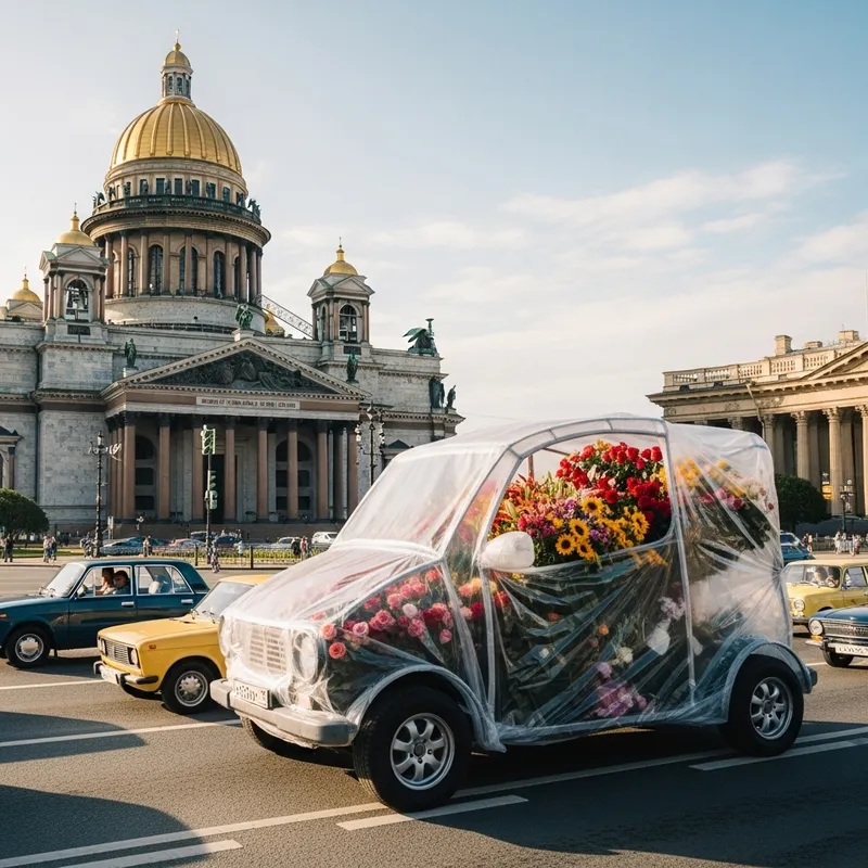 Hyperrealistic Scene near Saint Isaac's Cathedral with Flower-Filled Plastic Bag Hyperrealistic Scene near Saint Isaac's Cathedral with Flower-Filled Plastic Bag