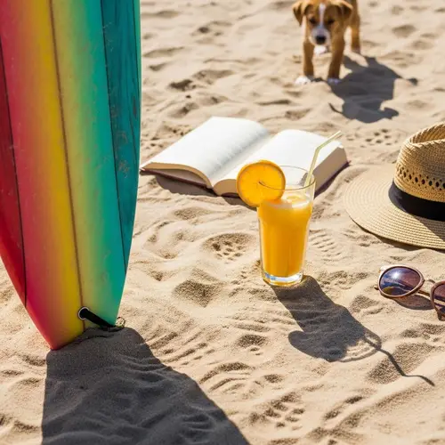 Sunny Beach Day Scene with Surfboard, Puppy, Book & Juice
