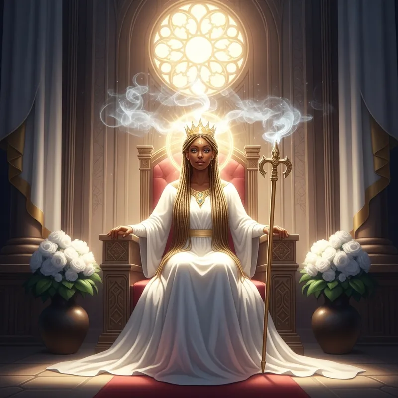 Radiant Black Woman in White Elie Saab Gown in Divine Throne Room