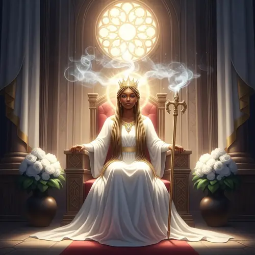 Radiant Woman in Elegant White Gown in Resplendent Throne Room