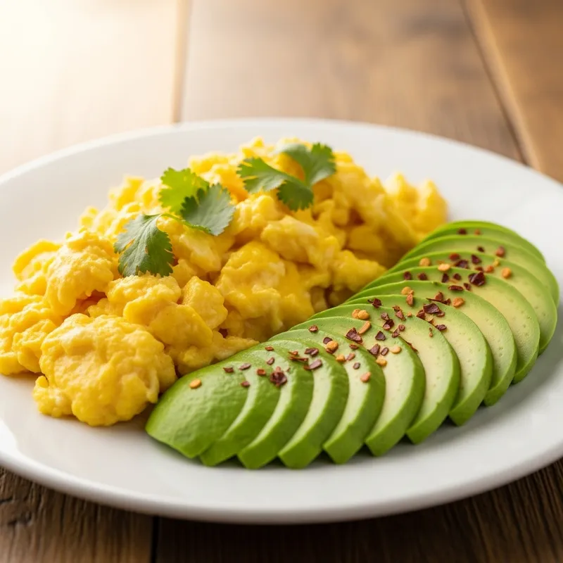 Scramble with Avocado Recipe | Side View in White Plate