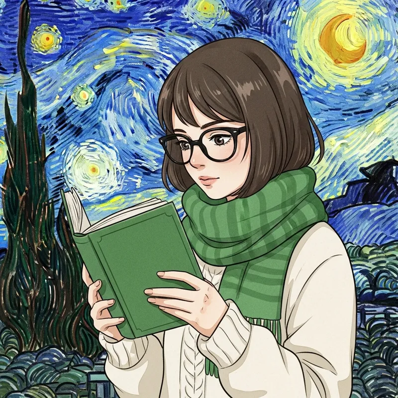 Whimsical Girl in 'Ray-Ban' Glasses Reading Book Under 'Starry Night'