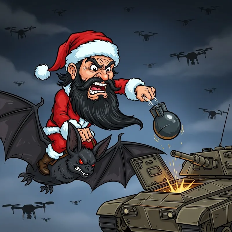 Dark Sky Showdown: Angry Santa Drops Bomb on Tank from Bat