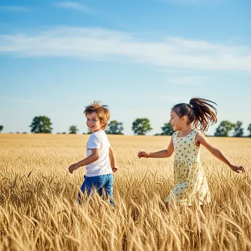 Young Boy and First Love Frolicking in Wheat Field