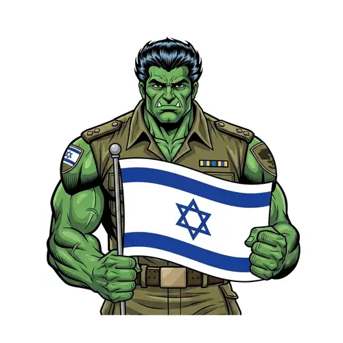 Comic Book Style Green Muscular Giant Holding Israeli Flag
