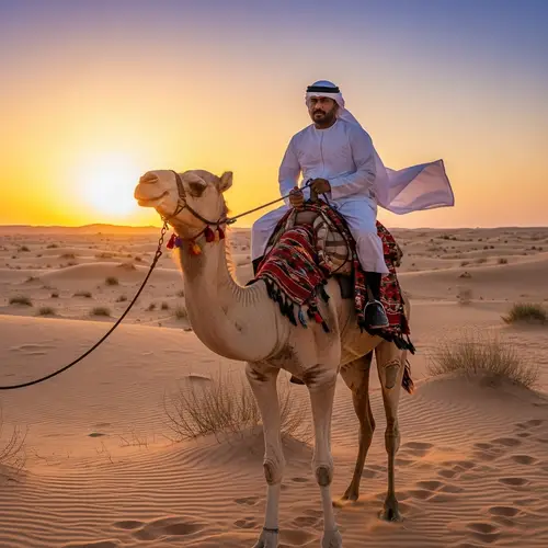 Middle-Eastern Man Riding Camel at Sunset - Desert Adventure