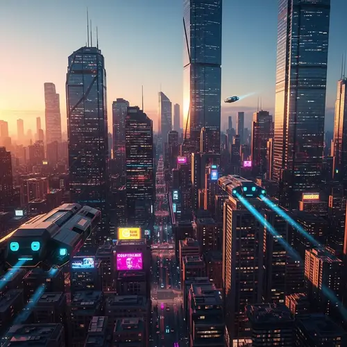 Futuristic Cyberpunk City at Sunset - Aerial Drone View