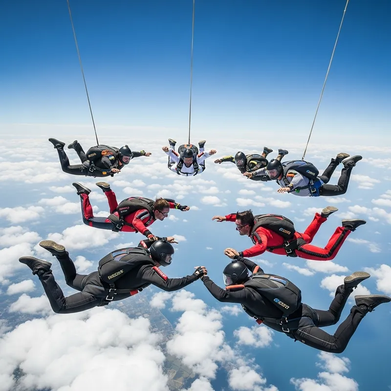 Diverse Skydiving Team Soaring in Blue Sky