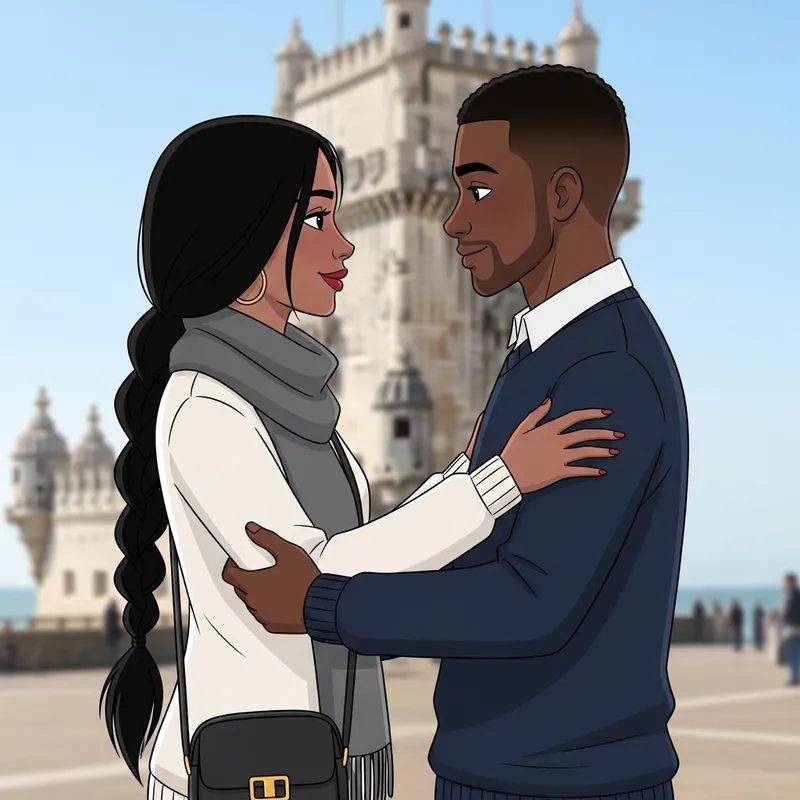 Animated Scene: Black-Haired Woman with Long Braid & Smiling Man in Lisbon