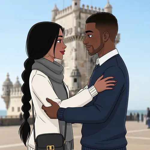 Animated Scene: Woman with Braid & Man Smiling in Lisbon