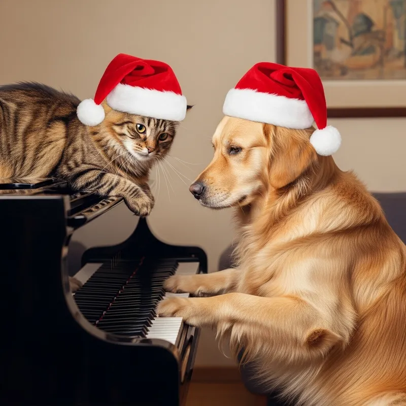 Happy Norwegian Cat and Golden Retriever in Christmas Hats Playing Piano Happy Norwegian Cat and Golden Retriever in Christmas Hats Playing Piano