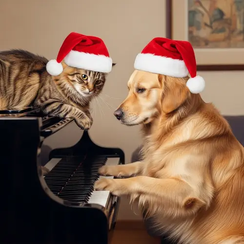 Norwegian Cat and Golden Retriever Playing Piano in Christmas Hats