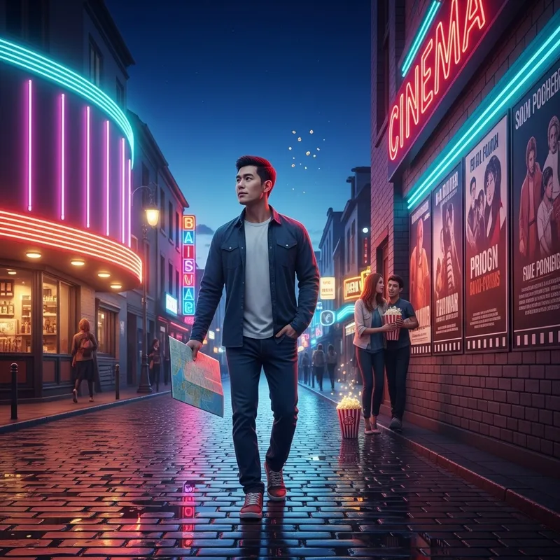 In Search of Cinema: Asian Man Roaming Vibrant City at Dusk