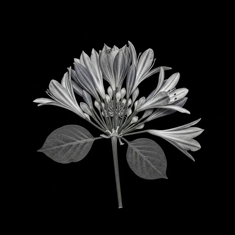 Monochrome Pressed Flower Photo - Dogwood, Eucalyptus, Agapanthus Chimera