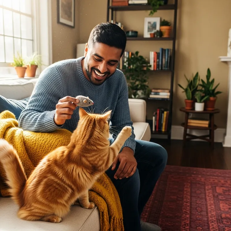 Man Playing with Ginger Cat in Cozy Environment